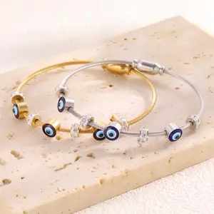 Devil’s Eye Bracelet for Women, Stainless Steel PVD Gold Plated Charm Bangle with Rhinestone Enamel, Waterproof Fashion Jewelry for Daily Wear and Gifting