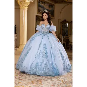 Quinceañera Ball Gown with Beaded Corset Bodice Lace Appliqués & Cathedral Train by Layla K LK290
