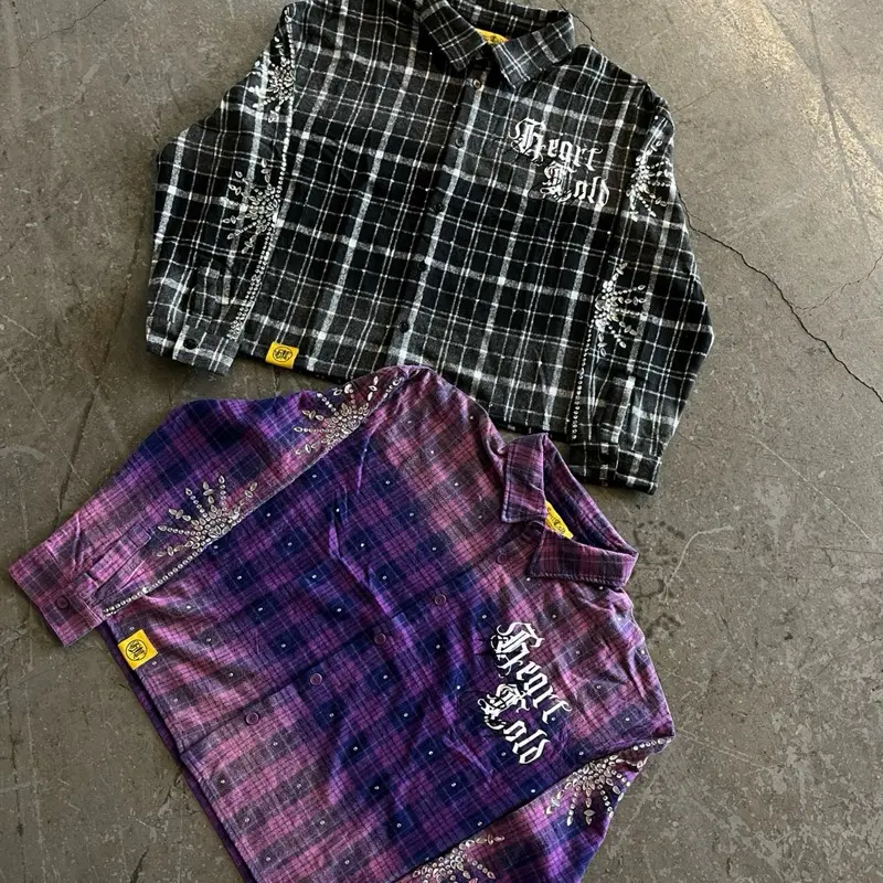 Heartcold Men's Checked Flannel Shirt with Rhinestones, Long Sleeve Cotton Polo Top with a Boxy-Fit, Casual Longsleeves Collared, Mens Clothing, Distressed Look