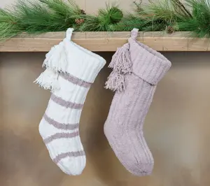 Barefoot Dreams CozyChic Set of 2 Stockings with Tassels Cotton Border