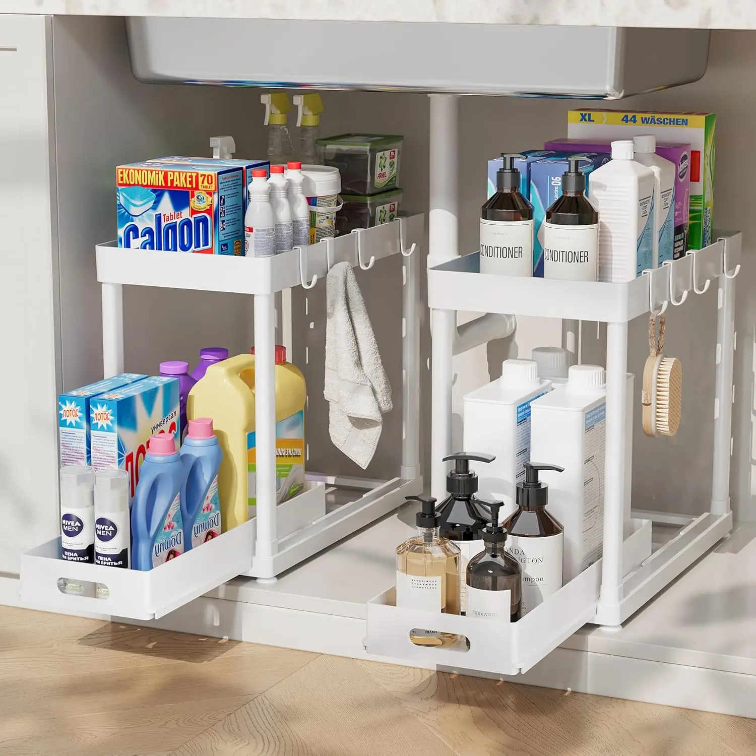2PCS Under Sink Organizer Rack, 2-Tier Sliding Cabinet Basket, Multi-Purpose Bathroom Organizing Accessories for Kitchen & Desktop