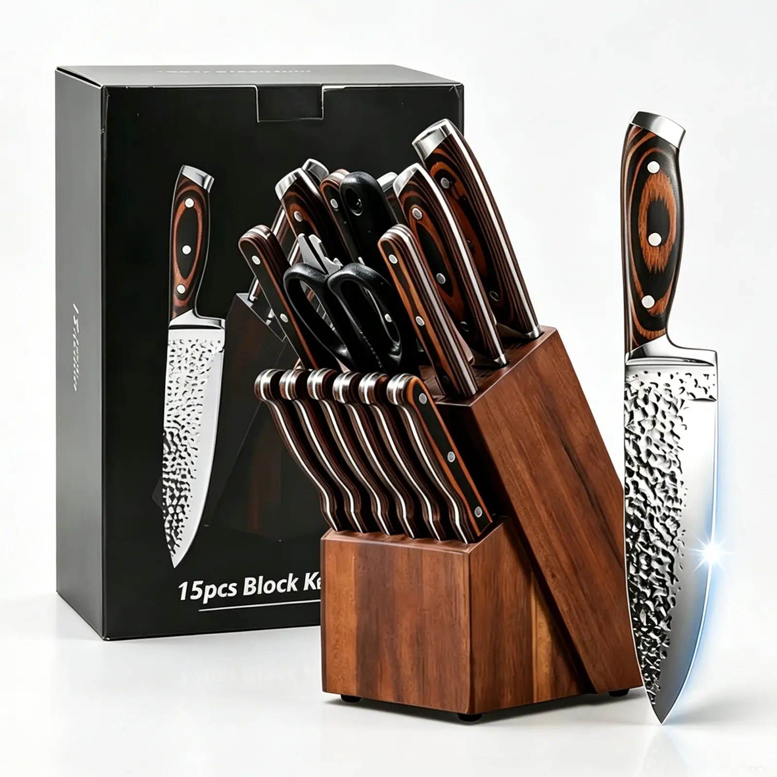 Complete 15-Piece Kitchen Cutlery Knife Set with Hammered Finish Blades, Ergonomic Wooden Handles, Chef’s Knife Kit including Steak Knives, Bread Knife, Scissors, and Sharpener — An Ideal Holiday Gift for Families and Food Enthusiasts