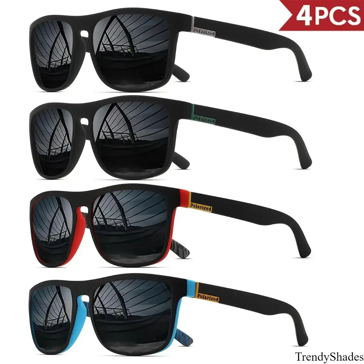 4PCS Classical Square Polarized Sports Sunglasses for Men - Lightweight PC Frame, UV400 Shield, Unisex & Durable for Driving, Fishing, Cycling