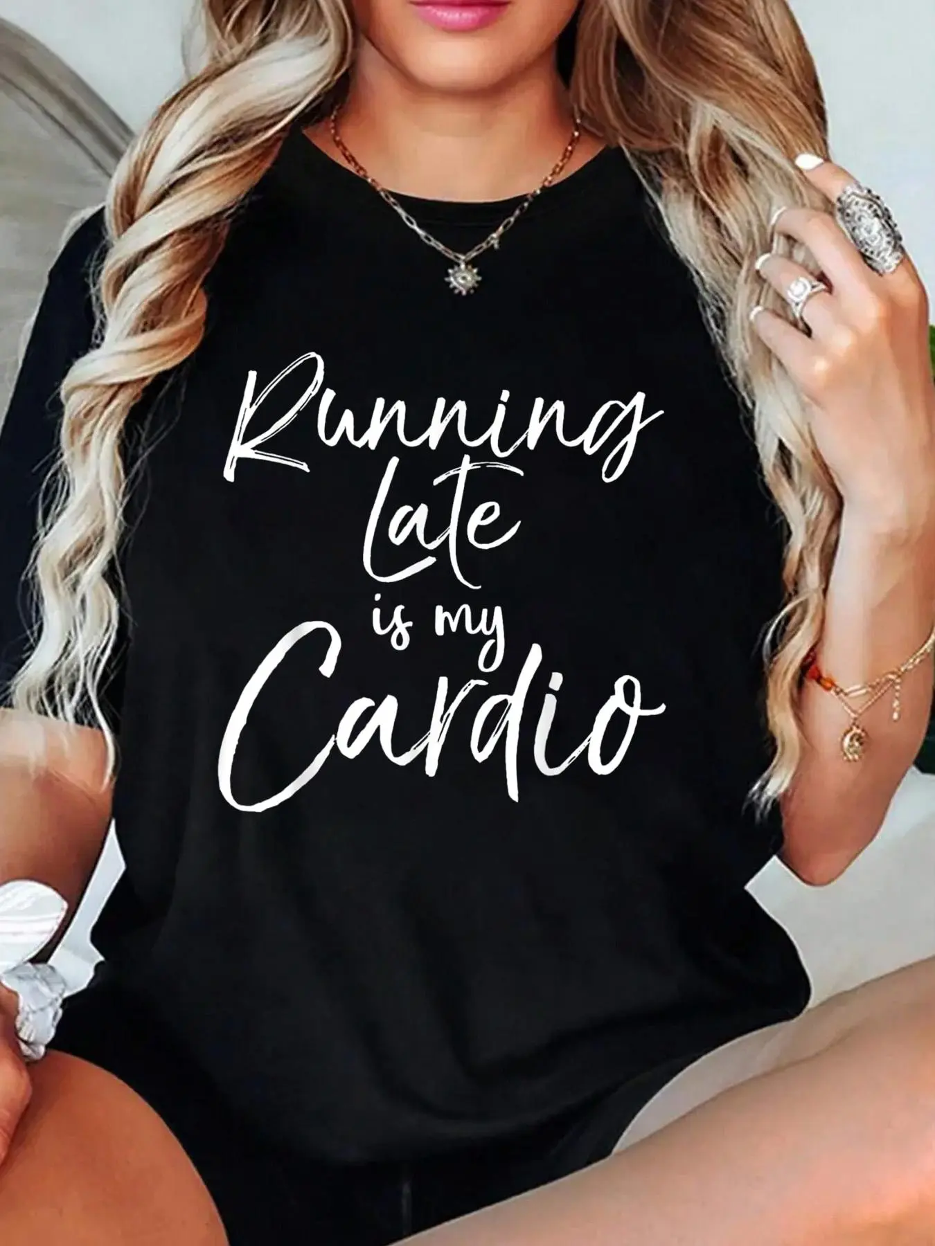 100% Cotton Running Late is my Cardio Shirt Funny Weight Lifter Tee T-Shirt Graphic Tee Women Tops, Summer Short Sleeve Women T-Shirt Clothing