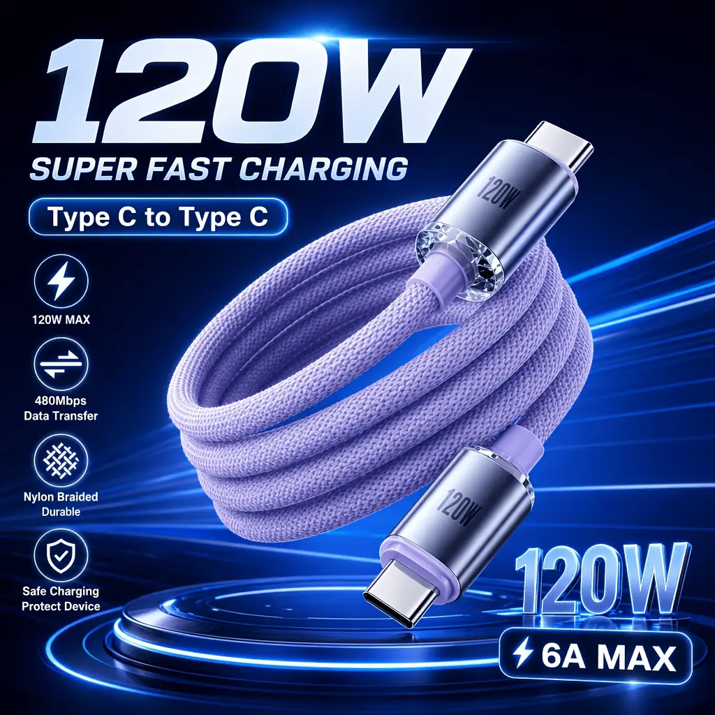 120W 6A Type C to Type C Super Fast Charging Cable For Iphone 15-16 Samsung S25 Xiaomi 12Pro K50 K70 Redmi Huawei P70 P60 Android OPPO Phone Charger USB C Cord MacBook Pro iPad Pro Data USB C Type-C Transfer Cord