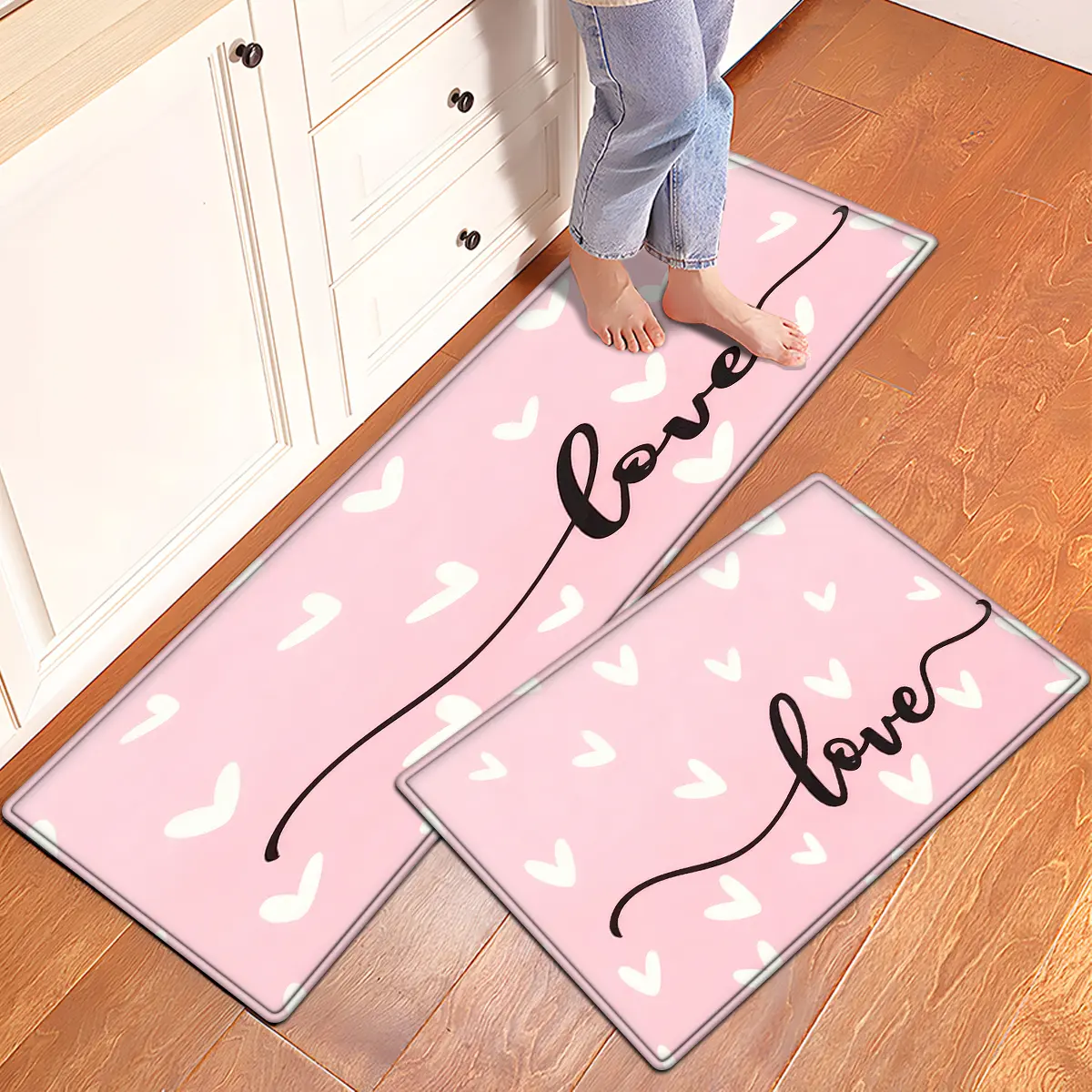 Indoor Flannel 2-Piece Rug Set, Pink Home Decor, Comfortable Soft Thick Sponge Carpet, Washable Non-Slip Floor Mat for Kitchen/Bath, 2 Sizes (15.7"X23.6"/17.7"X47.2")