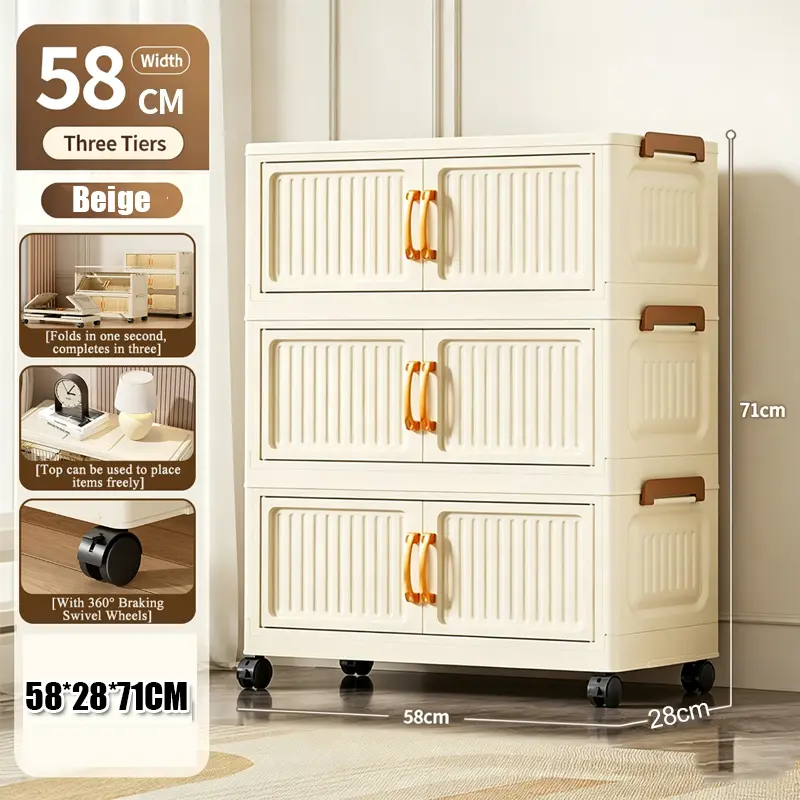 (58cm Face Width) Upgraded Foldable Storage Cabinet - Large Capacity Multi-Layer Plastic Furniture with Wheels, Modern Storage Cupboard, Clothing Organizer for Home Bedroom Household Items, Easy to Assemble