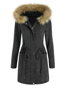 Rgothic Faux Fur Panel Drawstring Hooded Ribbed Midi Coat for Fall and Spring - Wide-Waisted, Long Shirt Length, Full Sleeves, Slight Stretch, Fashion Forward Look new solid-color