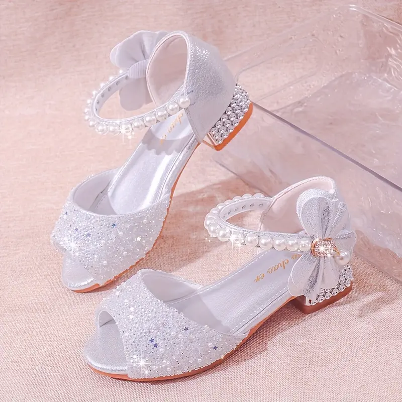Girls' Stylish Princess Sandals with Sparkling Rhinestone Bow, Adjustable Low Block Heel Party Shoes with Soft TPR Sole, Stylish Casual Sandals