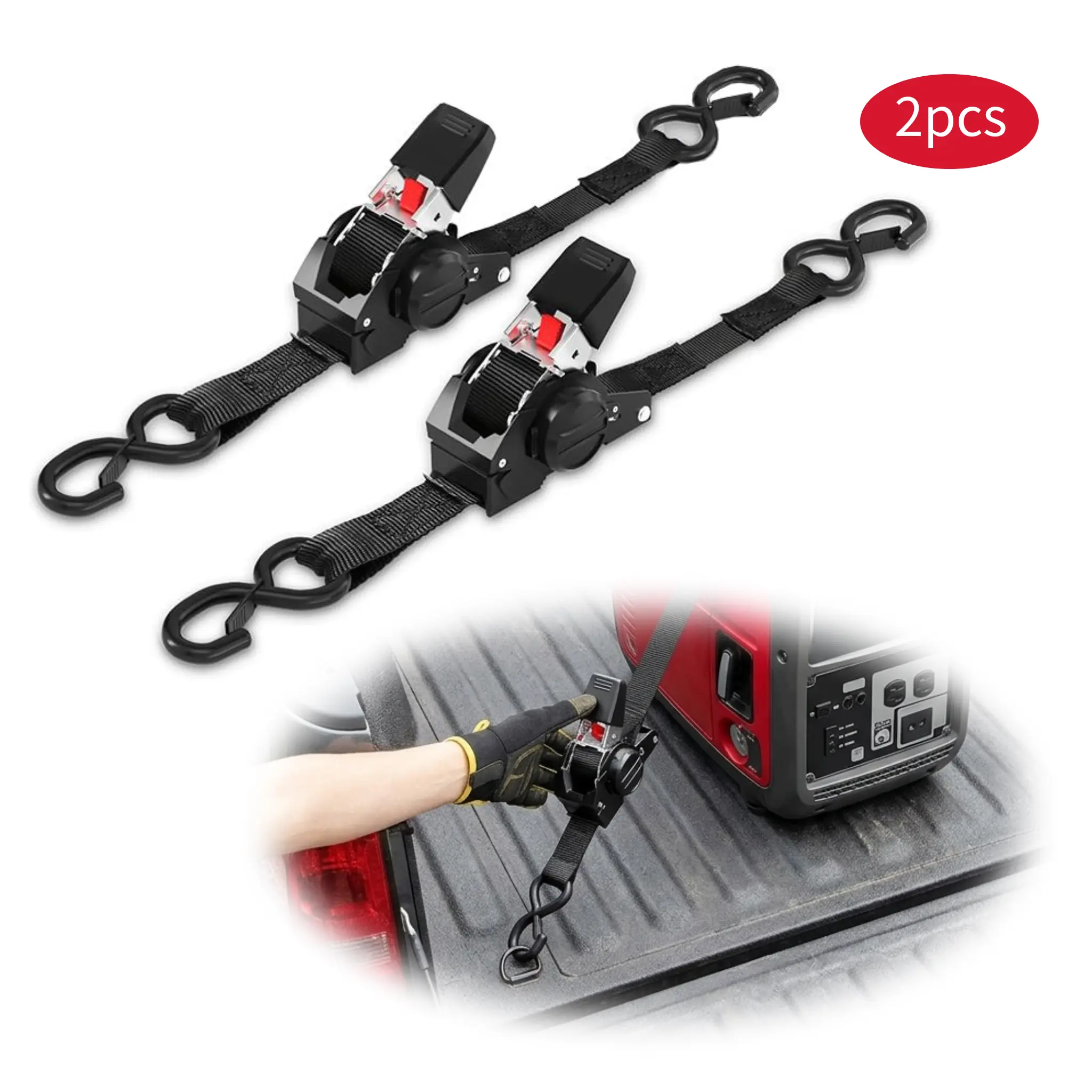2-Pack Self-Retracting Ratchet Straps with Hooks, 1" x 10' 1500lb High-Density Webbing Tie Downs with Pump Handle, Work Safety Equipment for ATV, Trucks, Trailers