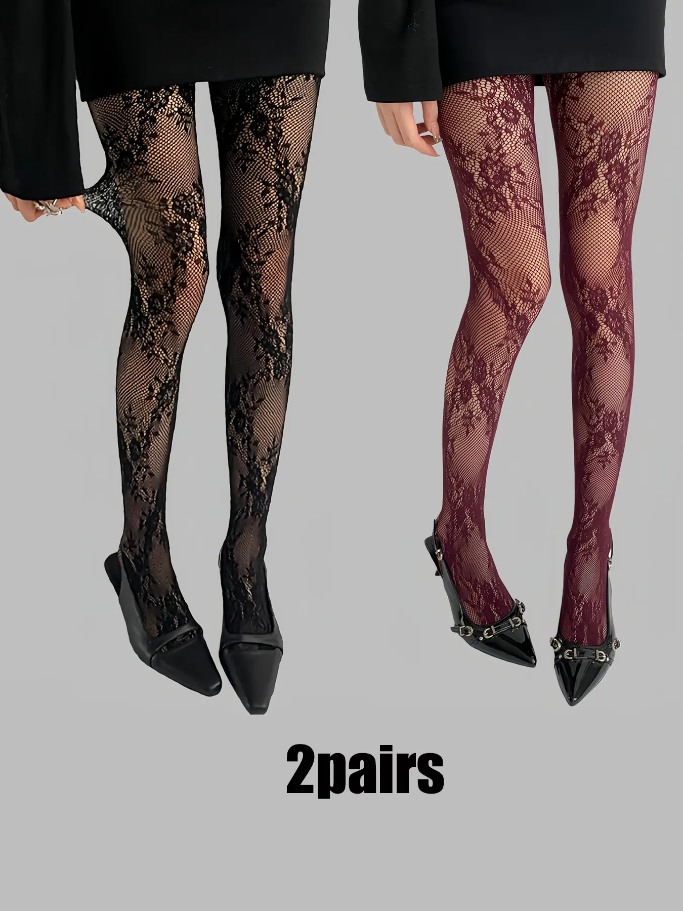 2 Pairs Thin Solid Color Sheer Hollow Out Pantyhose, Plus Size High Elastic Fishnet Stockings, Black & Wine Red, Women Daily Wear Fishnet Tights For Spring & Autumn