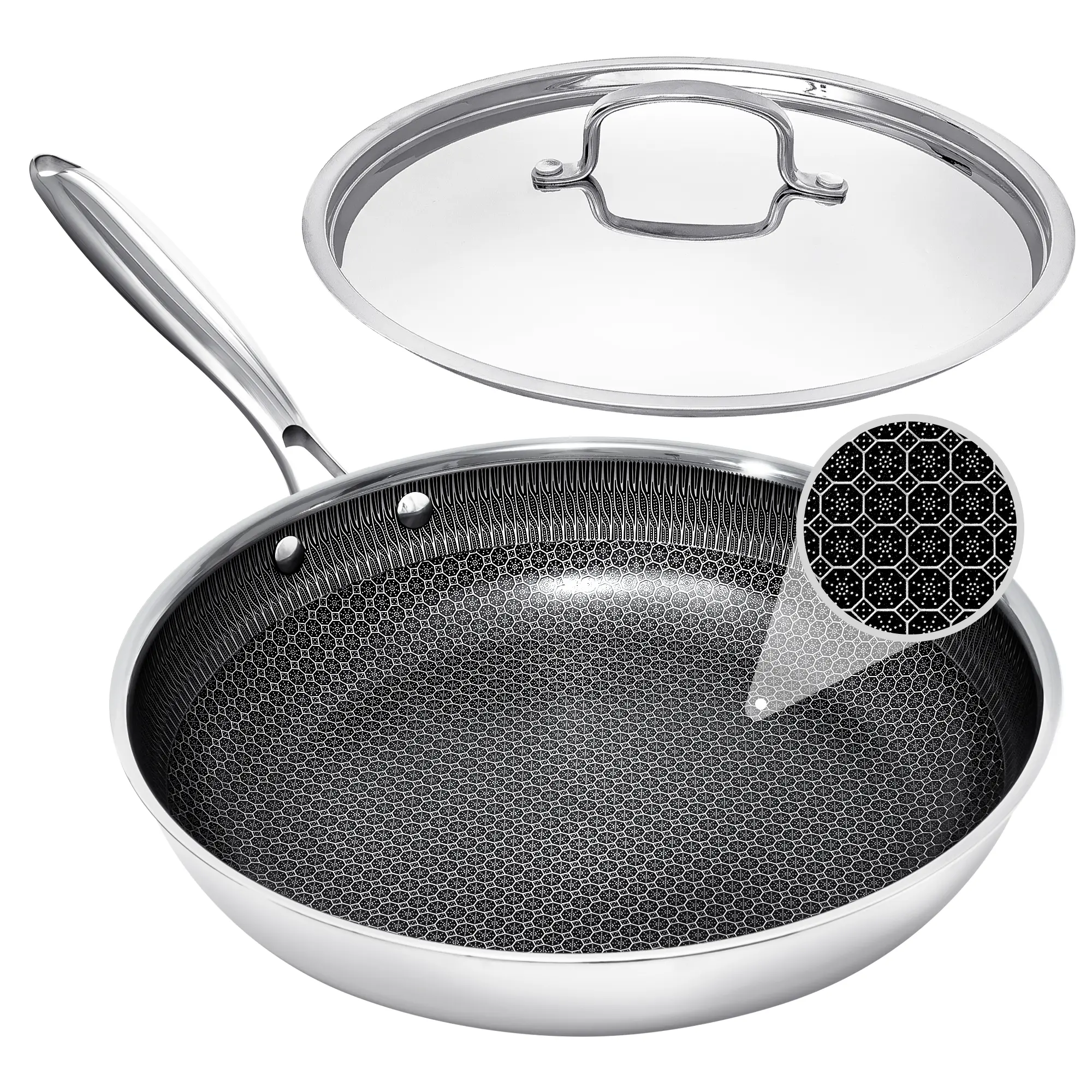 USELUCK Hybrid Non stick Frying Pans with Glass Lid. | Stainless Steel Skillet with Honeycomb Surface,Oven-Safe,PFAS-Free,Compatible with All Cooktops.