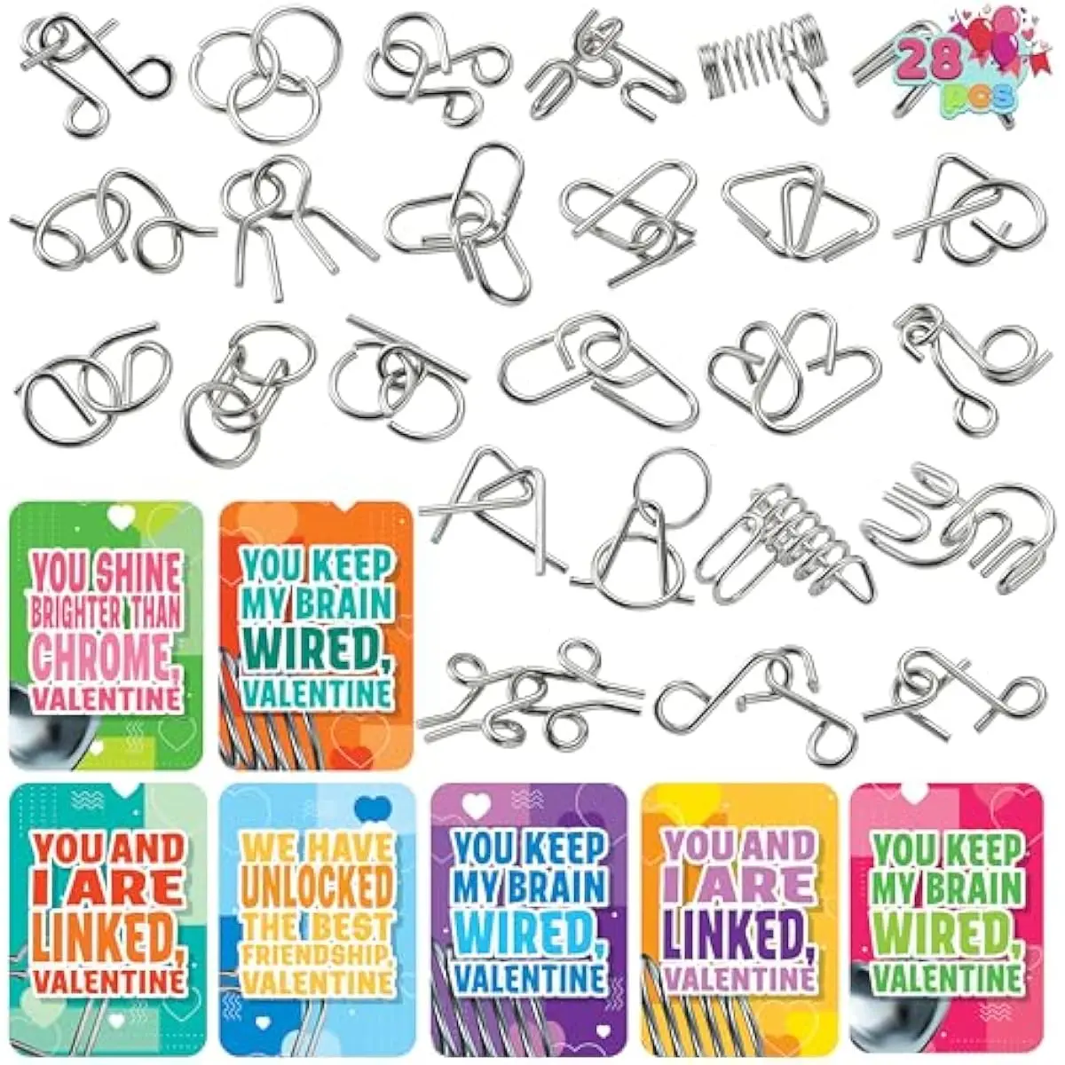 28PCS Valentine's Day Metal Wire Puzzles with Cards for Kids, Brain Teaser Puzzles with Explanation of the Solution and Valentine's Day Cards, School Classroom Boys Girls Exchange Gifts