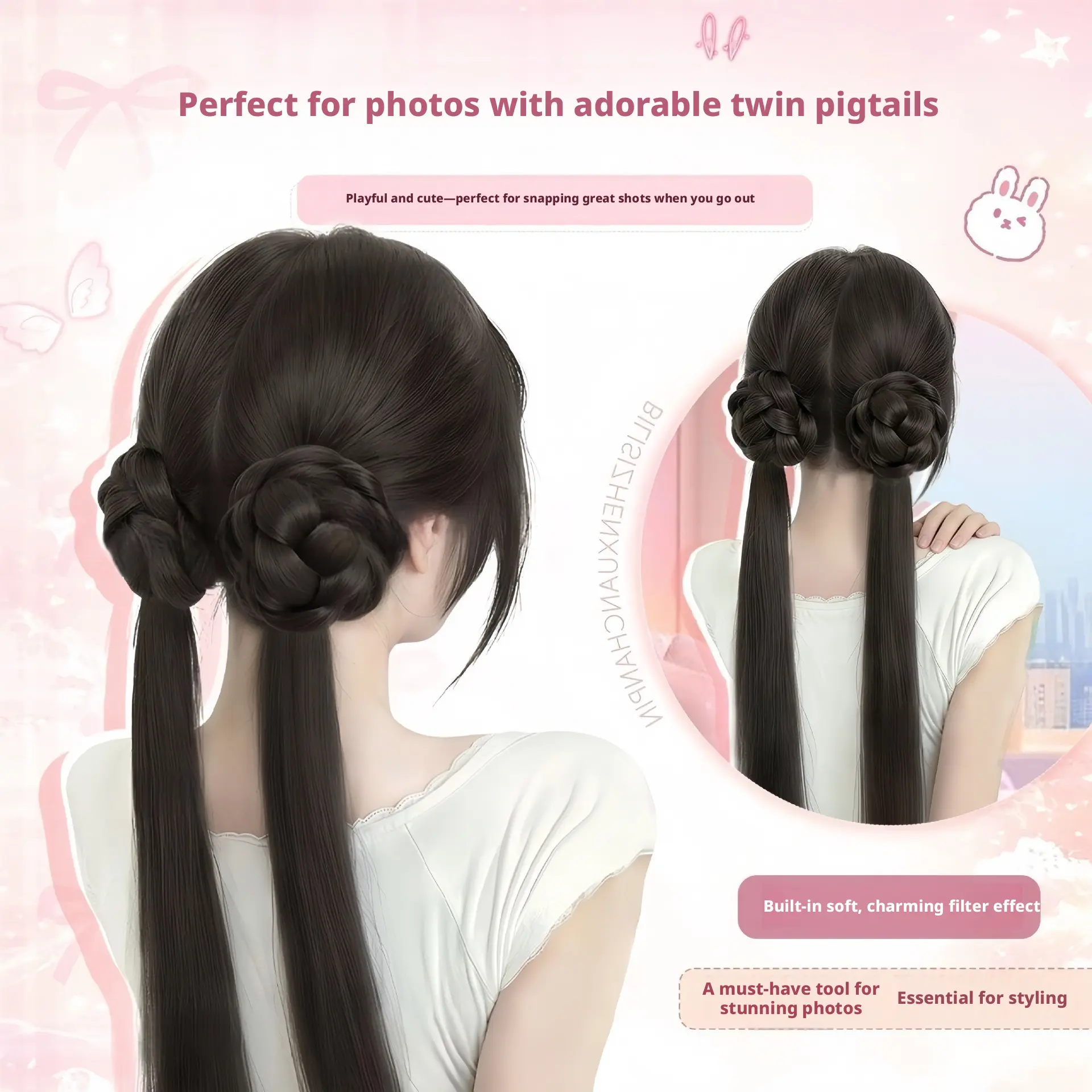 Cute Kawaii Double Bun Ponytail Hair Extension, Clip On Chignon Hair Piece with Long Straight Pigtails, Sweet Pre-Made Twin Buns Hair Accessory for Hanfu Daily Photoshoot