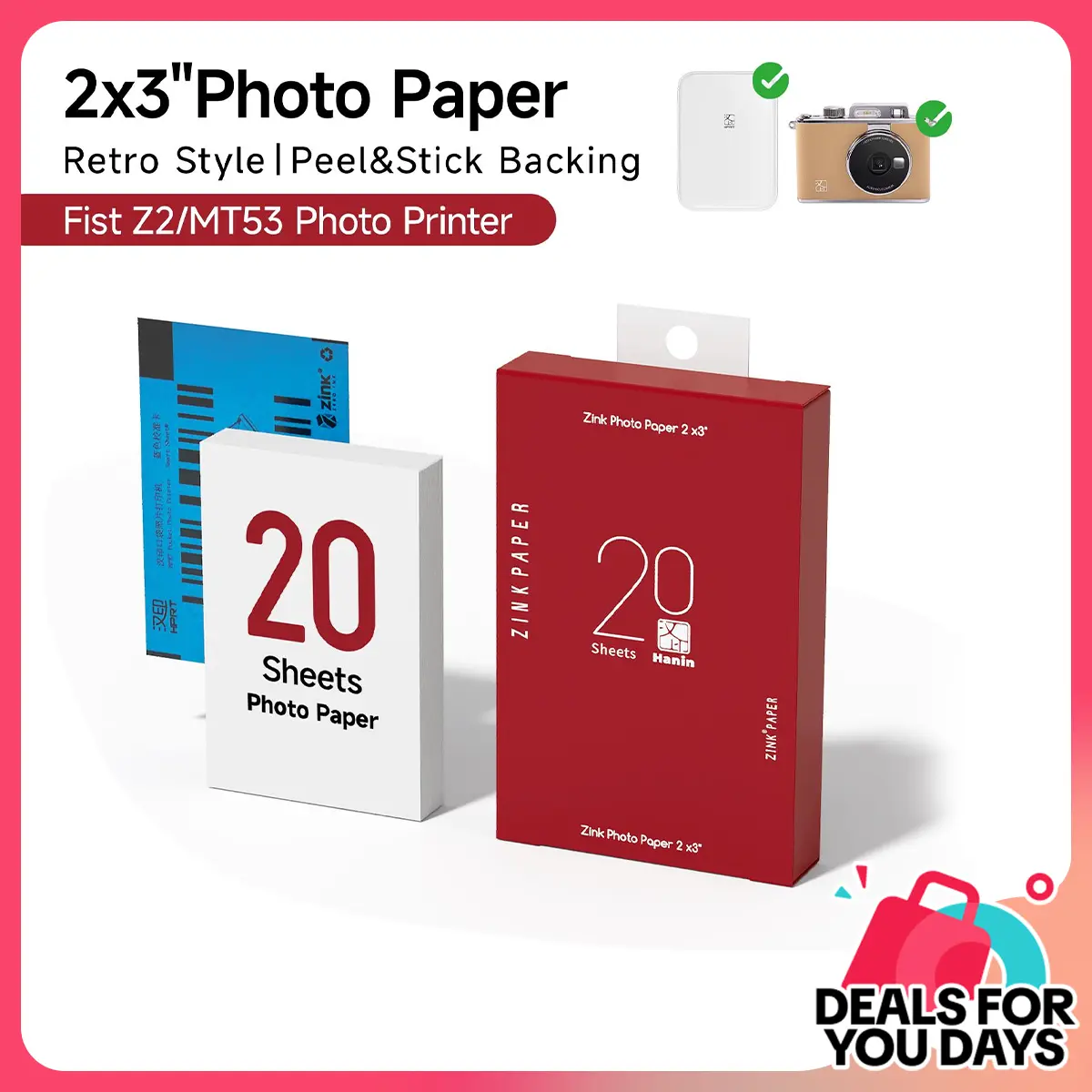 [Deals For You Days] HPRT 2x3" Size Zink Photography Card-Size Blank Sheets Paper, Pack of 20 Sheets - Exclusive for HPRT Z2 & MT53 Instant Cameras