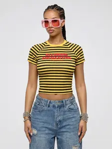 Viral 2026 Y2K Striped Baby Tee, Buttery Soft, Elastic Stretchy Fabric, Streetwear/Club Letter Print Slim Fit Crop Top, Love Me More Letter Print Casual Daily Short Sleeve T-Shirt, Summer Trendy Outfit for Women, Party Club Top