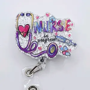 Nurse in Progress Glitter Acrylic Retractable Badge ID Reel Belt or Alligator Perfect for Nursing Students card identification creative clip name