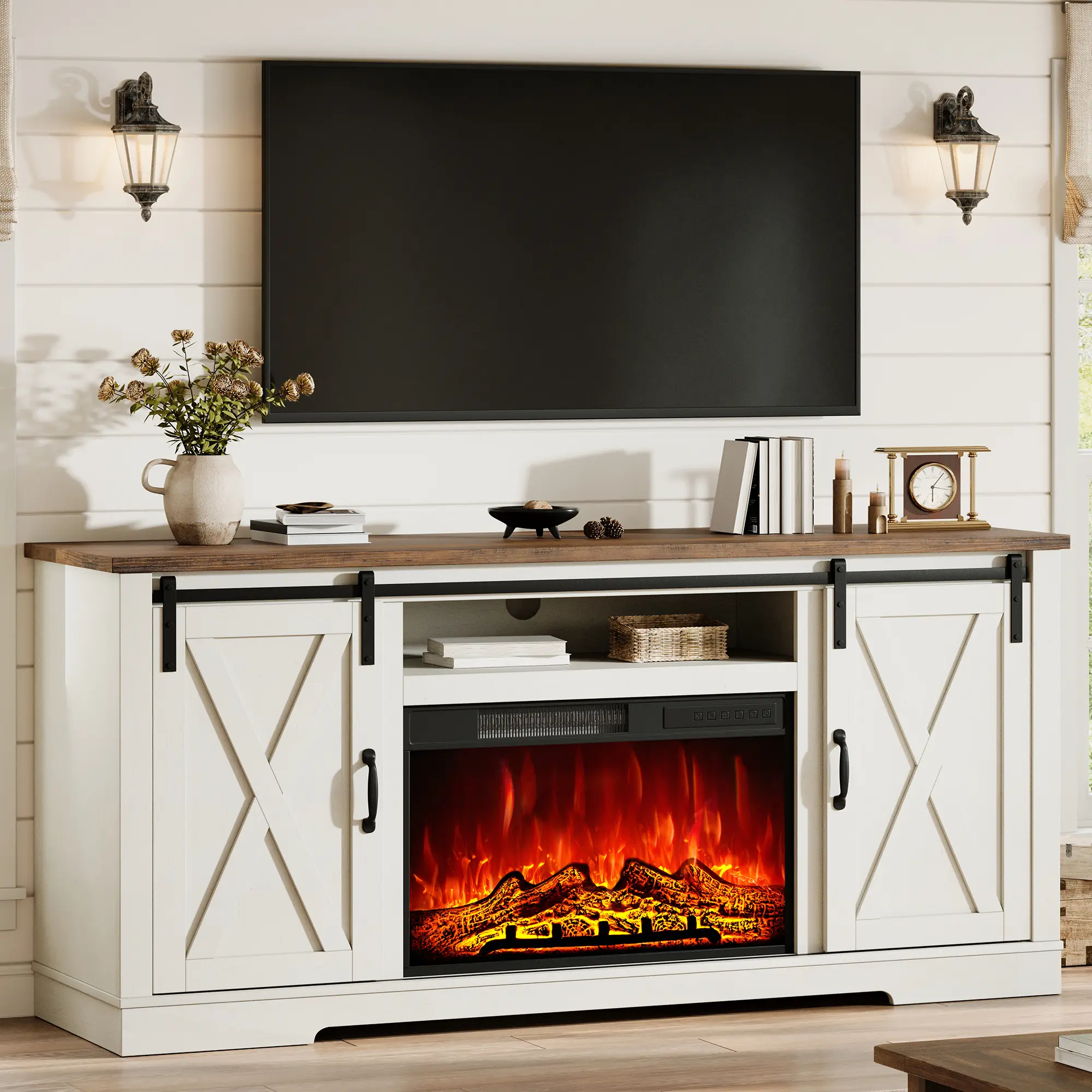 ALBOTT Farmhouse Electric Fireplace TV Stand with Sliding Barn Doors and Storage Cabinet, Rustic TV Console with Fireplace Heater, Large Storage Space for Living Room[tiktokshopbacktoschool][SohoChic]