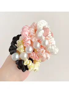 5-Pack New Simple Pearl Satin Small Scrunchies, Elegant Fabric Large Hair Ties, Korean Style Bun Hair Bands & Hair Accessories for Women