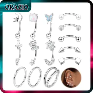 ORAZIO 14 PCS Rook Piercing Jewelry Set Surgical Steel 16G Curved Eyebrow Rings & Cartilage Hoops for Women Gold Silver Rose Gold Body Piercings with Butterfly Snake Moon Flower Unique Classic Styles