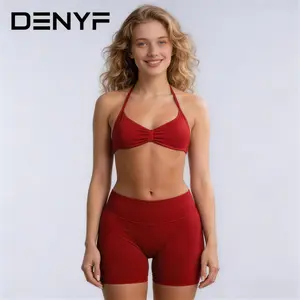 Women's Halter Neck Ruched Sports Bra & High Waist Biker Shorts Set, Quick Dry Yoga Workout Activewear