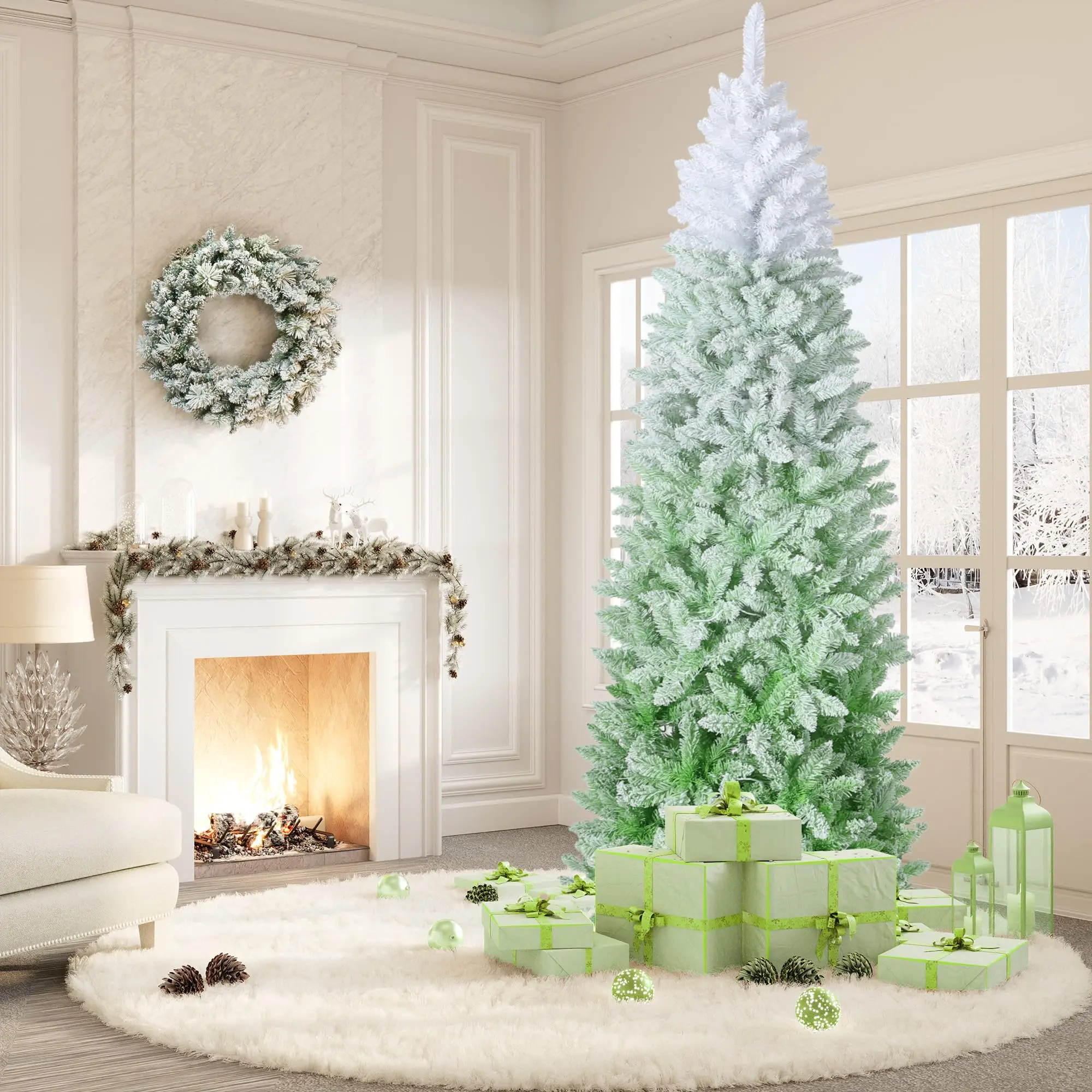 GARVEE 7.5 ft Snow Flocked Pencil Christmas Tree with Sturdy Metal Stand, Slim Artificial Xmas Tree in Green Gradient, Perfect Holiday Decoration for Home and Office