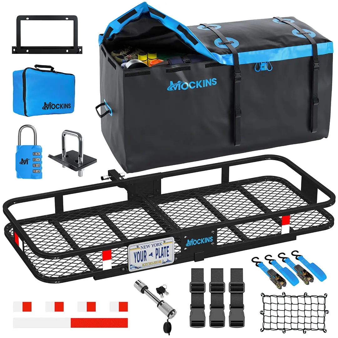 Mockins 60"x24"x6" XL Trailer Hitch Cargo Carrier Hitch Mount | 500lbs Cap. Hitch Basket with 25 CF Bag & Foldable Arm