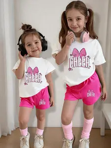 Girls' Cheerleader Style Casual Short Sleeve Shorts Set, Cheerleading Theme, Bow Print Tee & Star Decor, All Seasons, Fitted, Age 4-12