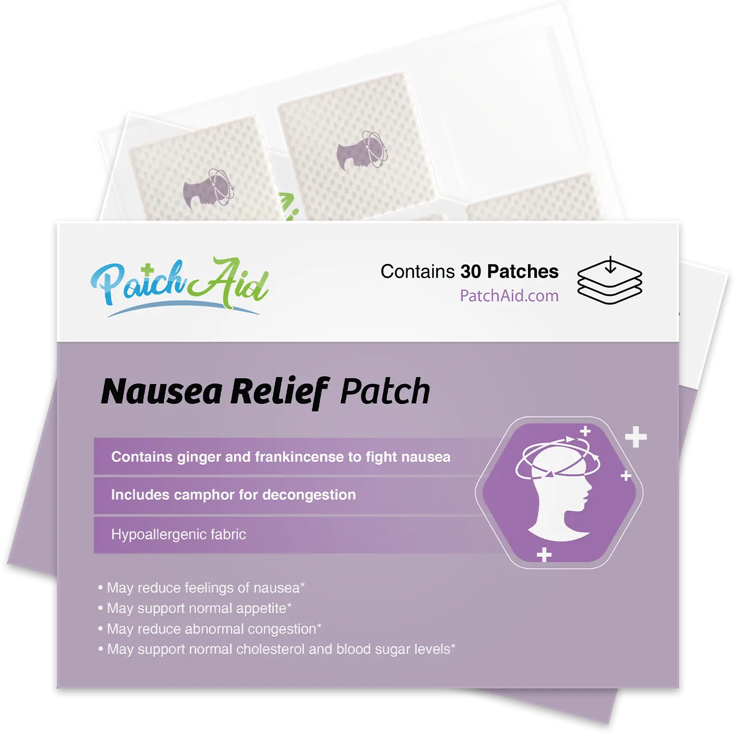 PatchAid Nausea Relief Patch Gentle Ginger - 30 Patches with Ginger & Frankincense for Decongestion - Hypoallergenic Fabric - Non-Invasive Support for Nausea Relief