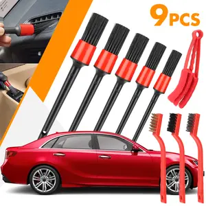 9 Pack Red Car Detailing Brush Wash, Auto Detailing Cleaning Kit, Engine Cleaning Tool
