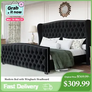[Spring Sale] AMERLIFE Modern Bed Frame with Wingback Headboard, Velvet Upholstered Bed Frame with Handmade Button Tufted & Nailhead, Wooden Slats Support/Luxury Bedroom Furniture/Queen/King/California King Size/Best Gift Ideas/Christmas Gifts