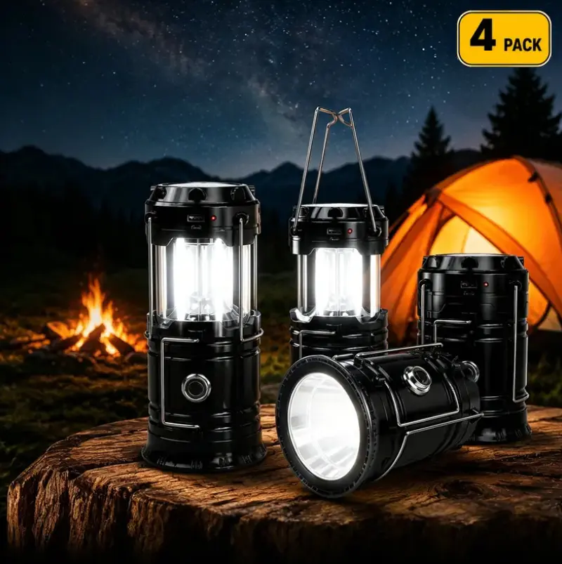 4‑Pack Collapsible LED Camping Lantern, Solar & USB Dual Rechargeable, Lightweight IPX Waterproof Portable Flashlight, Multi‑Purpose Emergency Light for Camping, Hiking, Hurricane, Power Outage & Indoor‑Outdoor Daily Use