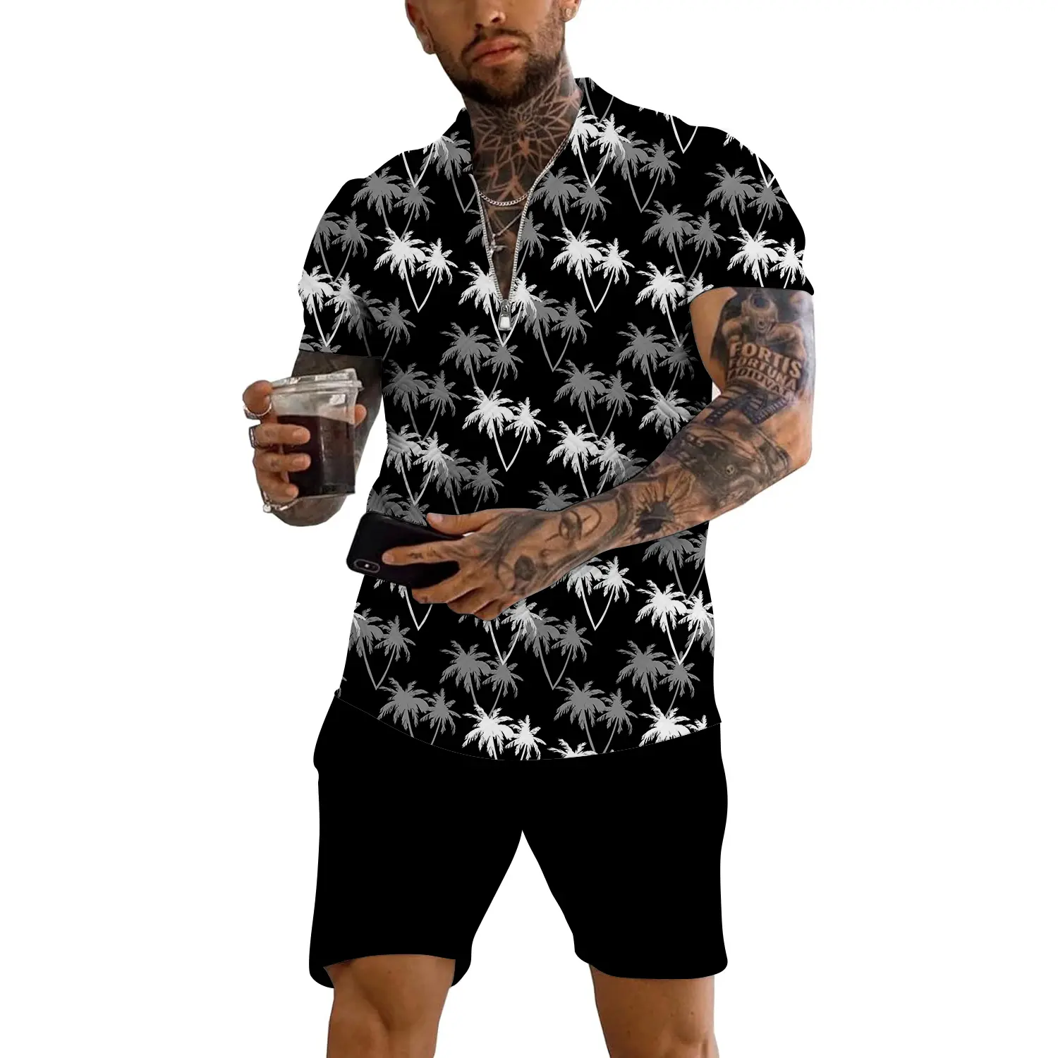 Men's 2 Piece Hawaiian Outfit Short Sleeve Zip Shirt and Shorts Set Tropical Floral Palm Print Quick Dry Beach Vacation Set Lightweight Casual Summer Tracksuit for Men Cruise Resort Pool Party Travel Holiday Wear M-3XL
