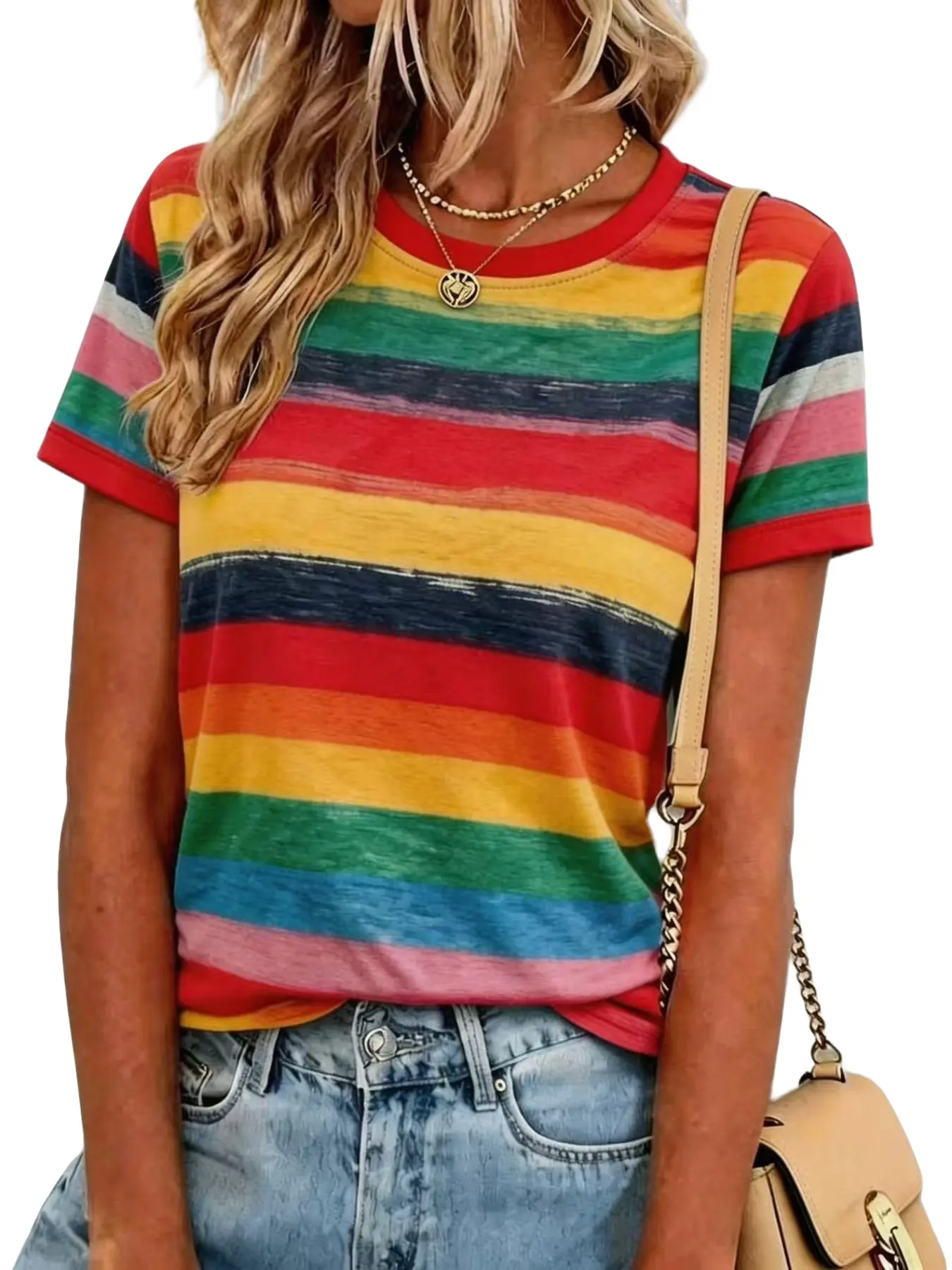Women's Summer New Fashion Round Neck Colorful Striped Print Short Sleeve T-Shirt, Casual T Shirts, Casual Summer Chic, Casual Commute Outdoor Wear, Knitted Top, Streetwear, Womenswear, Fit
