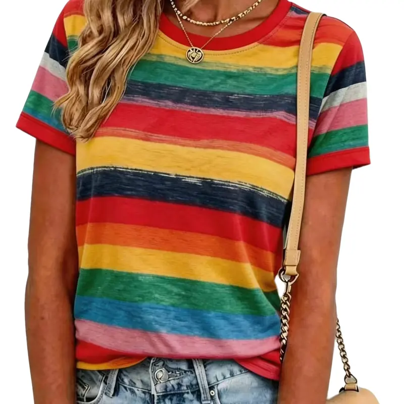 Women's Summer New Fashion Round Neck Colorful Striped Print Short Sleeve T-Shirt, Casual T Shirts, Casual Summer Chic, Casual Commute Outdoor Wear, Knitted Top, Streetwear, Womenswear, Fit