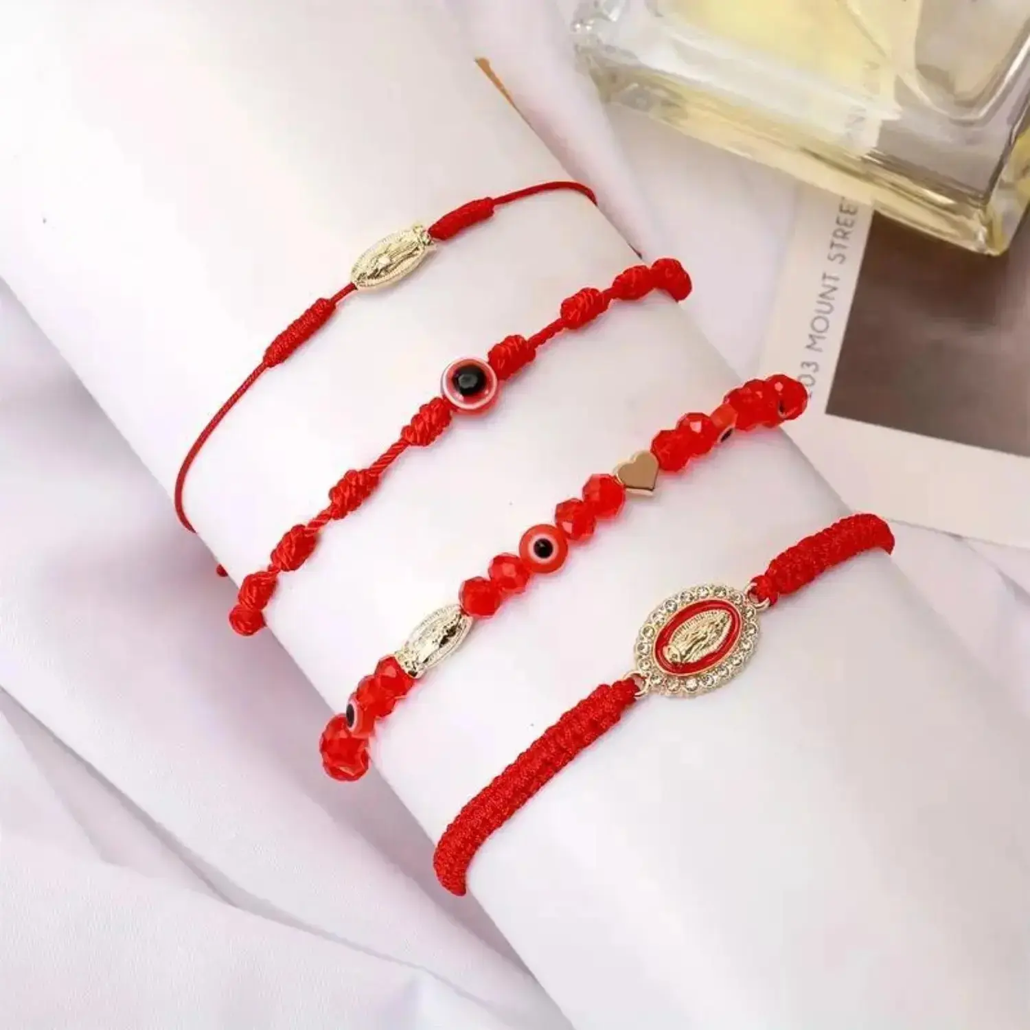 4-Piece Matching Couple Bracelets, Ethnic Braided Red String Jewelry for Women & Men, Mexican Lucky Amulets with San Judas, Virgin Mary, Evil Eye & Heart, Daily, Matching Couple Bracelet Set, Unisex, Bracelets Stack, Matching Sets