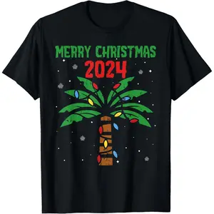 Palm Tree Tropical Christmas 2024 Hawaii Family Matching T-Shirt, 100% Cotton, Single Side Printed, Black Short Sleeve T-shirt, 1 pc, Christmas Halloween Thanksgiving Gift