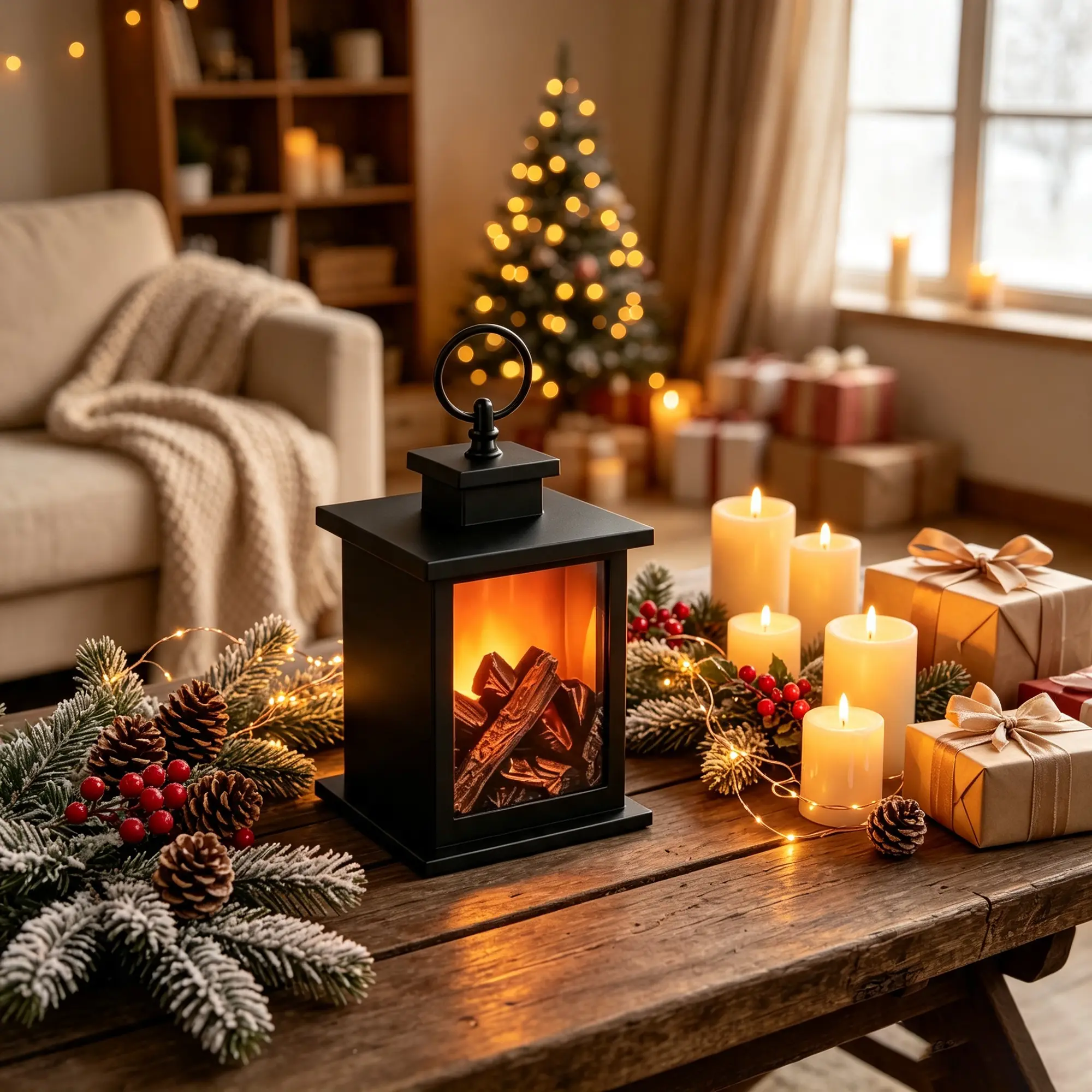 USB Rechargeable  Electric Fireplace Lantern, Portable Tabletop Fake Flame Lamp with Realistic Flickering Log Fire, Cordless Warm Night Light, Safe to Touch, Cozy Decor for Bedroom Porch Deck Camping Indoor Outdoor Xmas Winter Gift