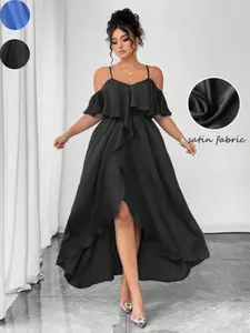 Plus Size Satin Backless Dress, Loose-Fitting Plain Design, Sleeveless Long Fitted Style, Ideal for Party & Wedding Guests