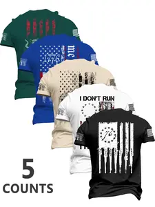 Men's Fashion Round Neck Casual Short Sleeve T-Shirt, Summer Comfortable Flag Print Outdoor Tee Set, Military Street Style