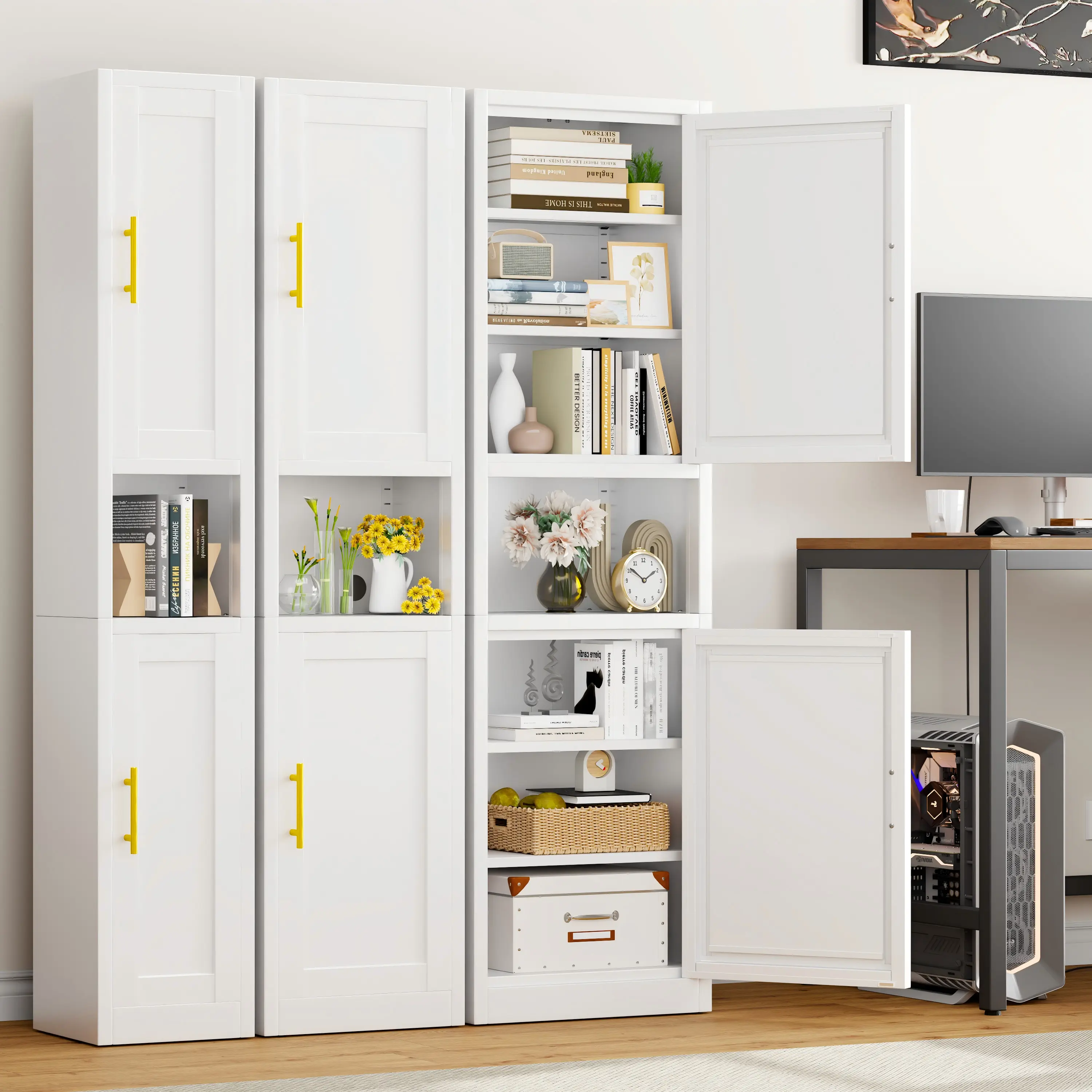 67"Tall Metal Bathroom Storage Cabinet with 2 Doors & Shelves, Freestanding Steel Organizer with Open Countertop for Small Spaces, Kitchen & Living Room