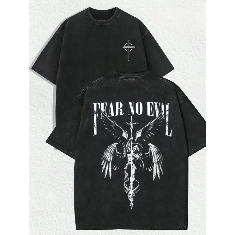 Fear No Evil Winged Warrior Cross Skull Double‑Sided Graphic T‑Shirt – Short-Sleeve Round Neck Water- Casual Top, All Seasons Streetwear Menswear, Adult Drip Clothing