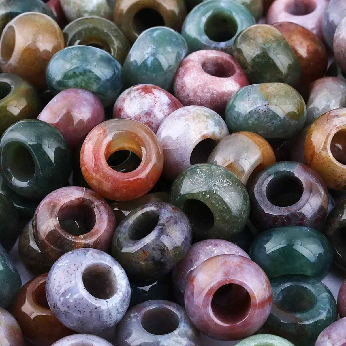 F-HDJ02 Natural Gemstone Beads for Jewelry Making, Large Hole Loose Beads Pack of 15,Indian Agate(8x14 mm)