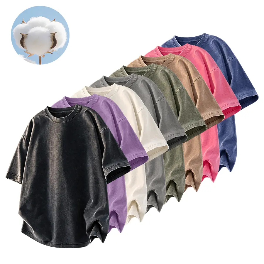 100% pure cotton men’s washed vintage T-shirt, loose wide fit crew neck short sleeves, solid colors, basic casual streetwear top for men