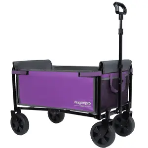 All-in-One Convertible Folding 4-Wheel Trolley with Bench Seat and Dog Leash - Heavy Duty Foldable Utility Trolley for Camping, Beach, Shopping - Versatile Seating and Storage Space, purple/gray