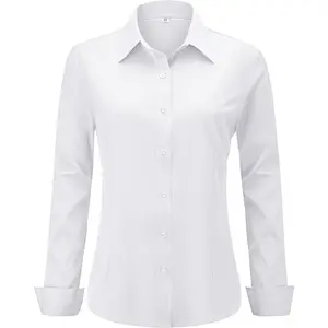 Soft Wrinkle-Free Women's Button Down Dress Shirts Solid Long Sleeve Work Blouses Fit Stretch Casual Tops XXS-6XL