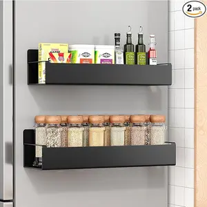 2 Pack Magnetic Spice Rack Organizer with Hooks, Multi-Purpose Black Fridge Storage Shelf, Reusable Wall Mount Magnetic Seasoning Holder for Refrigerator, Oven, Kitchen Countertop, Space-Saving Kitchen Organization and Storage Solution,