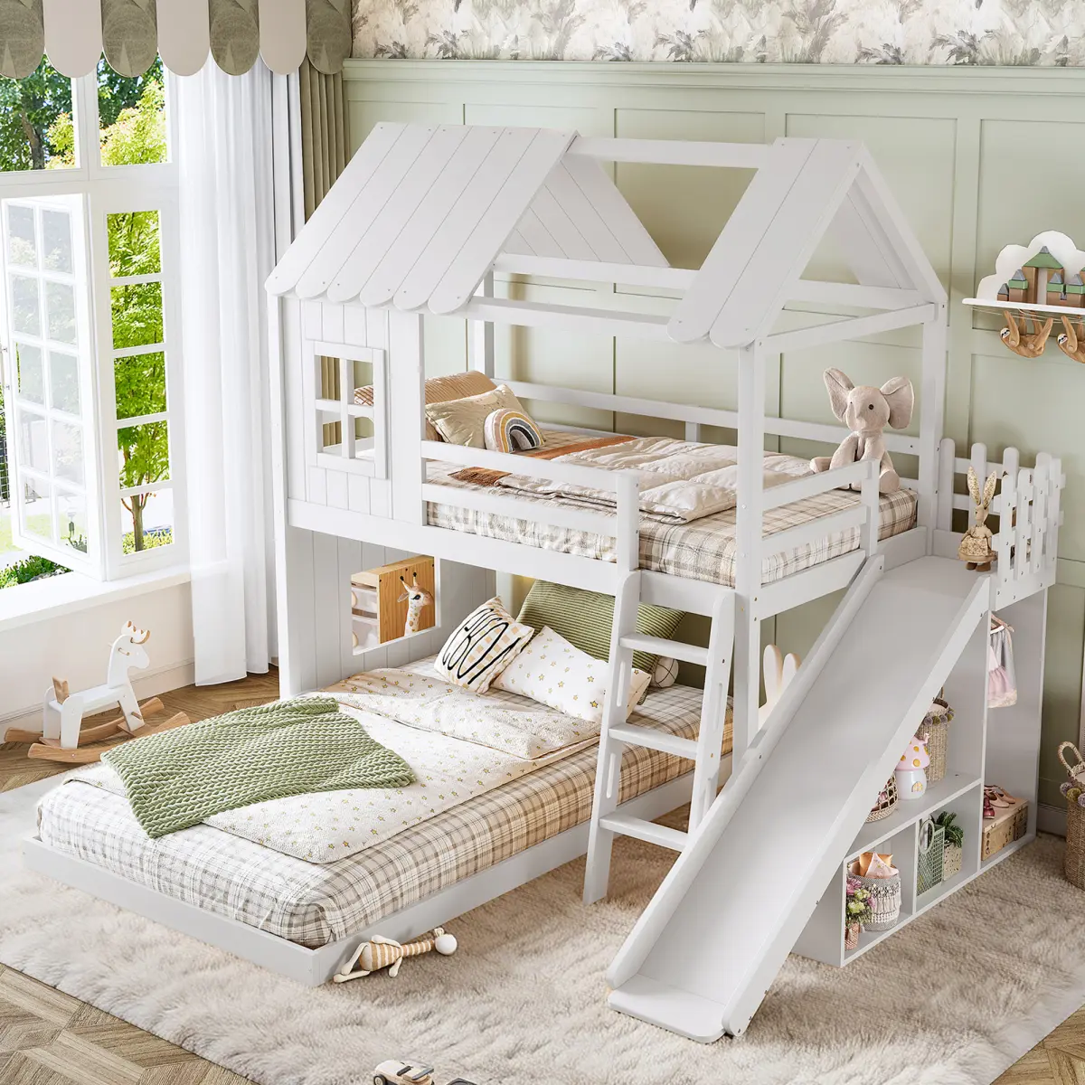 Twin over Full House Bunk Bed with Slide & Ladders, Kids Floor Bunk Bed with Storage Shelves and Wardrobe, Playhouse Design, Low Profile Bunkbed for Kids, Girls, Boys, Childlike Design, White