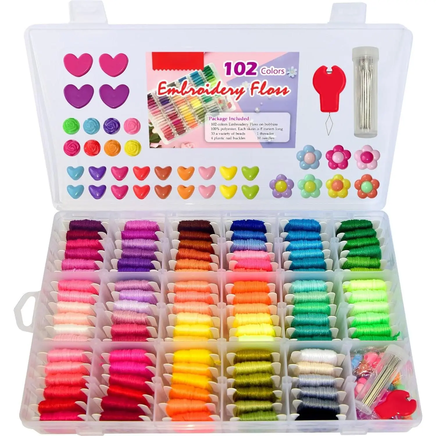 102 Skeins Glossy Rainbow Embroidery Floss Kit - Cute Embroidery Thread, Friendship Bracelet Yarn, Craft Floss with Beads, Tools & Organizer for DIY Needlework (Toys & Hobbies)