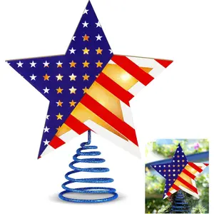 9.2 x 7.8 Inch Wooden Patriotic Star Tree Topper, Red White Blue with LED Light for 4th of July 250th Happy Independence Day, Ideal for Party Decoration Tabletop Display Birthday Gift